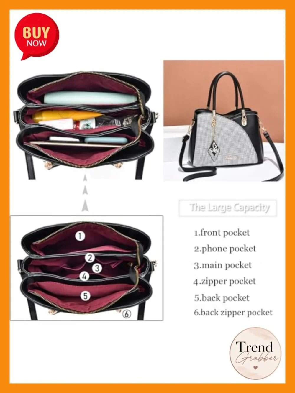 Faux Leather Tote Satchel Handbag Purse with Gold Hardware - Multi-Pocket